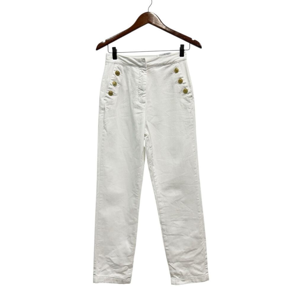 Zara Gold Button High Waisted Straight Leg Ankle Pants White Cotton size Small